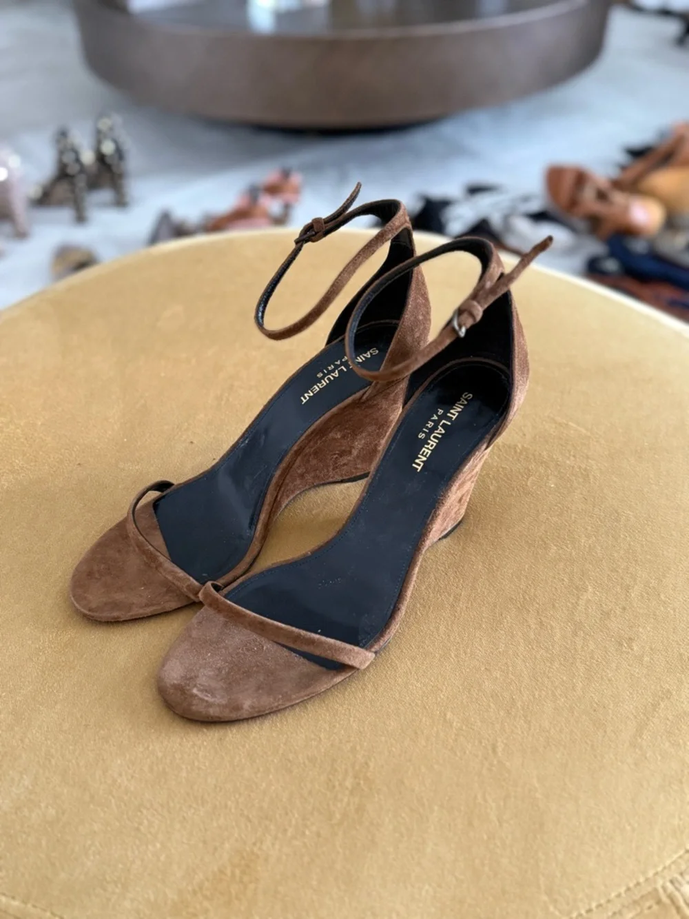 Saint Laurent Brown Suede Ankle-Strap Wedge Sandals - Picture 2 of 6